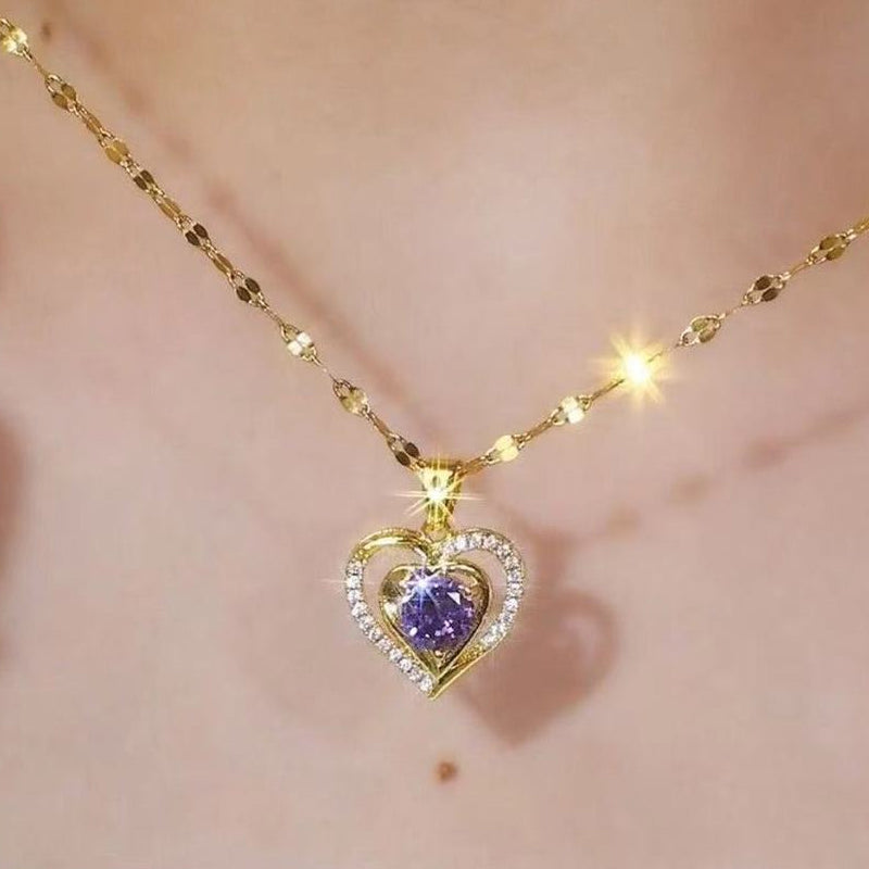 Elegant Double Heart Necklace with Purple Rhinestone