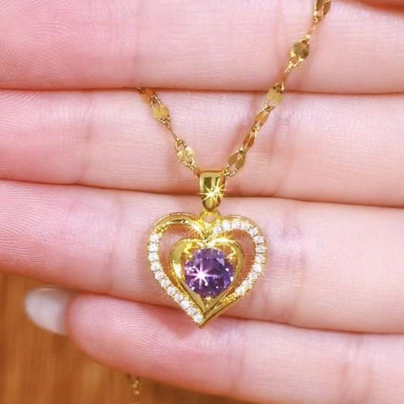 Elegant Double Heart Necklace with Purple Rhinestone