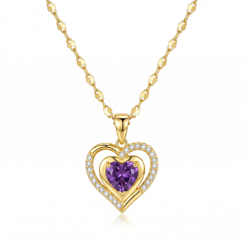 Elegant Double Heart Necklace with Purple Rhinestone