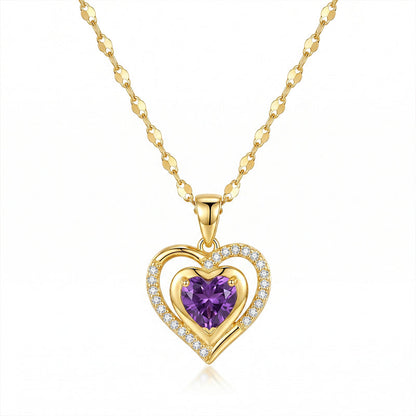 Elegant Double Heart Necklace with Purple Rhinestone