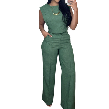 Chic Sleeveless Crop Top and High-Waist Trousers Set