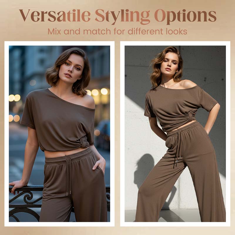 👗 LIMITED-TIME 50% OFF! 💥 Women's Off-Shoulder Top & Pants 2-Piece Set – Asymmetrical, Wide-Leg, Soft Fabric ⚡