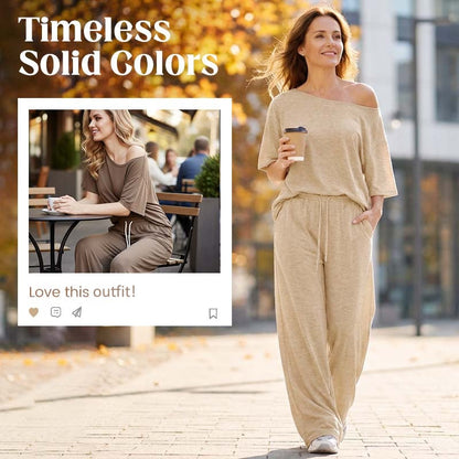 👗 LIMITED-TIME 50% OFF! 💥 Women's Off-Shoulder Top & Pants 2-Piece Set – Asymmetrical, Wide-Leg, Soft Fabric ⚡