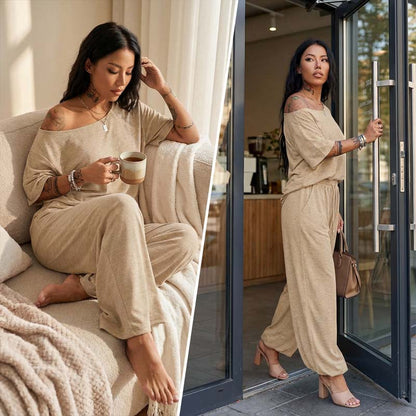👗 LIMITED-TIME 50% OFF! 💥 Women's Off-Shoulder Top & Pants 2-Piece Set – Asymmetrical, Wide-Leg, Soft Fabric ⚡
