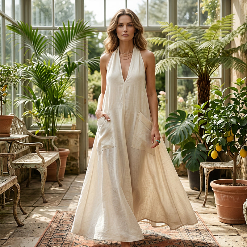 👗 LIMITED-TIME 50% OFF! 💃 Women's Casual Halter V-Neck Midi Dress – Flowy, Patch Pockets, Breathable 🍂