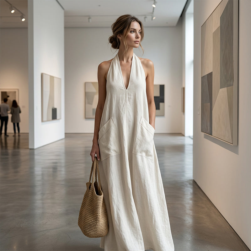 👗 LIMITED-TIME 50% OFF! 💃 Women's Casual Halter V-Neck Midi Dress – Flowy, Patch Pockets, Breathable 🍂