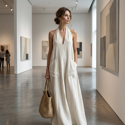👗 LIMITED-TIME 50% OFF! 💃 Women's Casual Halter V-Neck Midi Dress – Flowy, Patch Pockets, Breathable 🍂