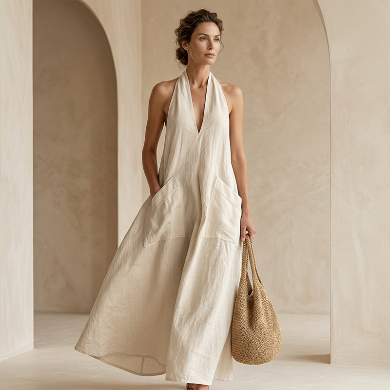 👗 LIMITED-TIME 50% OFF! 💃 Women's Casual Halter V-Neck Midi Dress – Flowy, Patch Pockets, Breathable 🍂