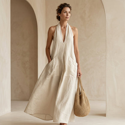 👗 LIMITED-TIME 50% OFF! 💃 Women's Casual Halter V-Neck Midi Dress – Flowy, Patch Pockets, Breathable 🍂