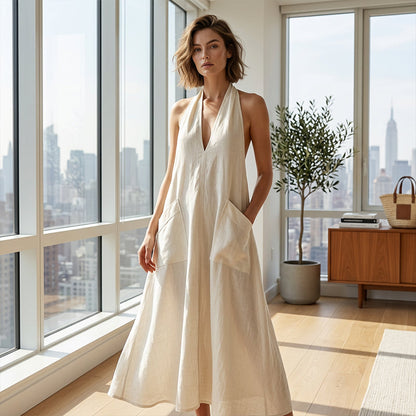 👗 LIMITED-TIME 50% OFF! 💃 Women's Casual Halter V-Neck Midi Dress – Flowy, Patch Pockets, Breathable 🍂