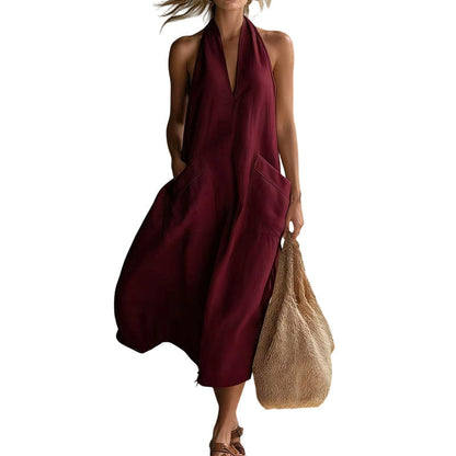👗 LIMITED-TIME 50% OFF! 💃 Women's Casual Halter V-Neck Midi Dress – Flowy, Patch Pockets, Breathable 🍂