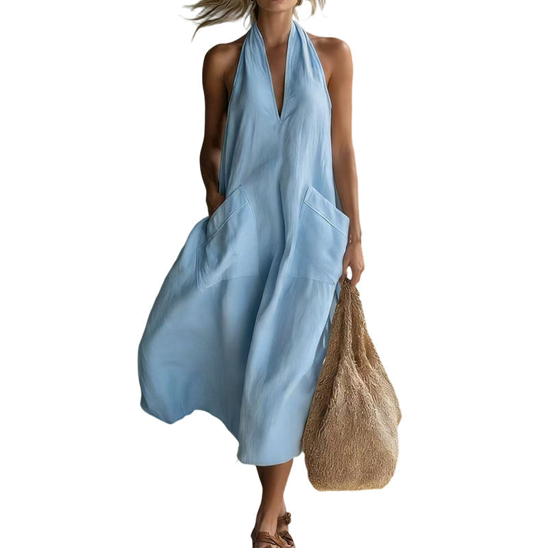 👗 LIMITED-TIME 50% OFF! 💃 Women's Casual Halter V-Neck Midi Dress – Flowy, Patch Pockets, Breathable 🍂