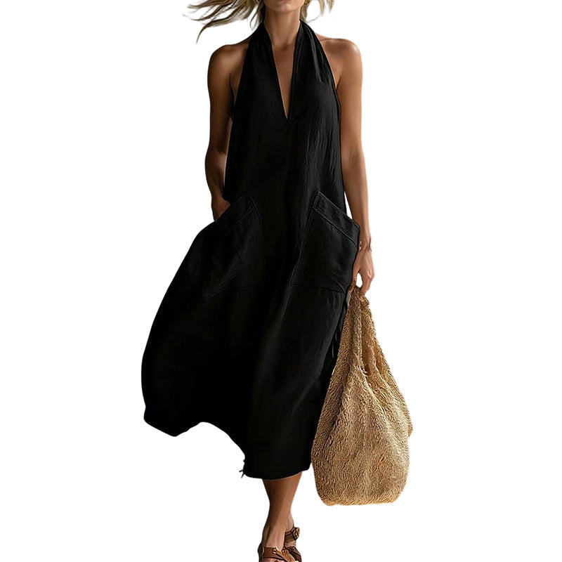 👗 LIMITED-TIME 50% OFF! 💃 Women's Casual Halter V-Neck Midi Dress – Flowy, Patch Pockets, Breathable 🍂
