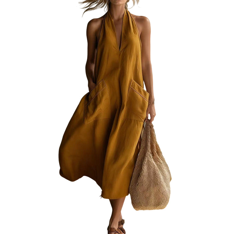 👗 LIMITED-TIME 50% OFF! 💃 Women's Casual Halter V-Neck Midi Dress – Flowy, Patch Pockets, Breathable 🍂