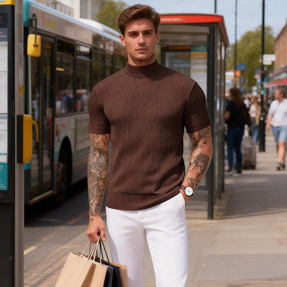 👕 LIMITED-TIME 50% OFF! ✨ Men's Slim Mock Neck T-Shirt – Ribbed, Short Sleeve, 6 Colors 🍁