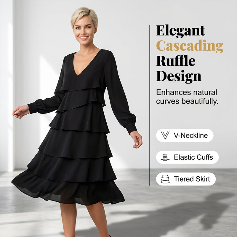 Elegant V-Neck Tiered Long Sleeve Dress