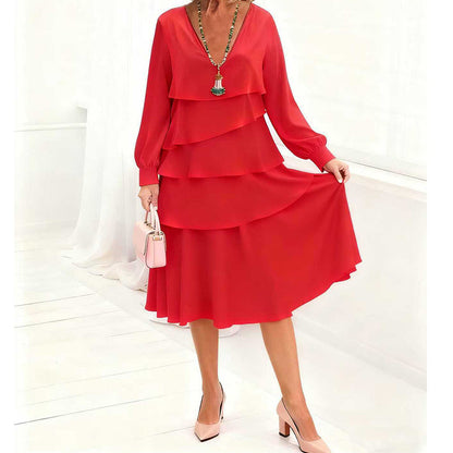 Elegant V-Neck Tiered Long Sleeve Dress