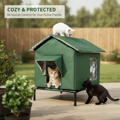 ⏰FREE SHIPPING🔥LIMITED TIME 50% OFF! 🐾 Waterproof Outdoor Cat House – Thermal Aluminium Lining, Elevated 12cm, Foldable, Weatherproof – Warm & Dry Shelter for Feral or Outdoor Cats (M/L, Black/Dark Grey/Dark Green)