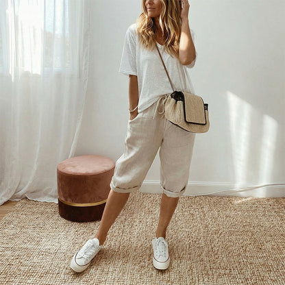 👖 LIMITED-TIME 50% OFF! ✨ Women's Cotton Linen Capris – Loose, Cropped, Rolled Cuff, Pockets 🌿