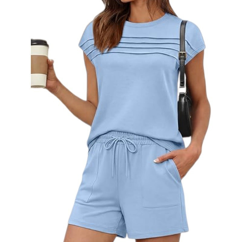 ⏳Time-Limited Sale 50% OFF!!⏰Women's Matching Pintuck Tee & Drawstring Shorts Set – Cozy Casual 2-Piece Outfit