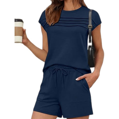 ⏳Time-Limited Sale 50% OFF!!⏰Women's Matching Pintuck Tee & Drawstring Shorts Set – Cozy Casual 2-Piece Outfit