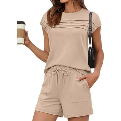 ⏳Time-Limited Sale 50% OFF!!⏰Women's Matching Pintuck Tee & Drawstring Shorts Set – Cozy Casual 2-Piece Outfit