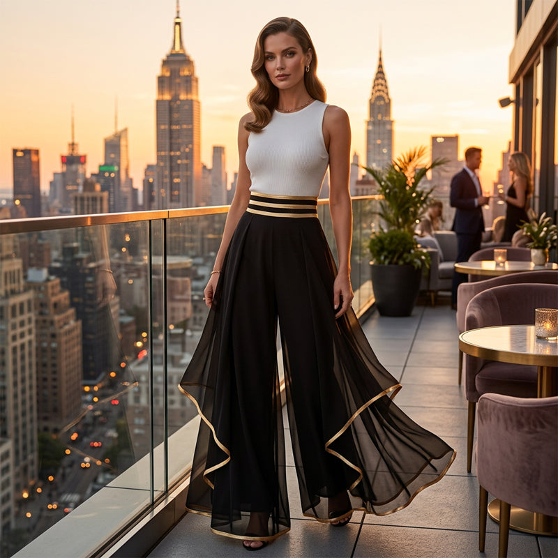 ⏳Limited-time 50% off⏰Elegant Flowy Wide-Leg Pants with Gold Trim👖