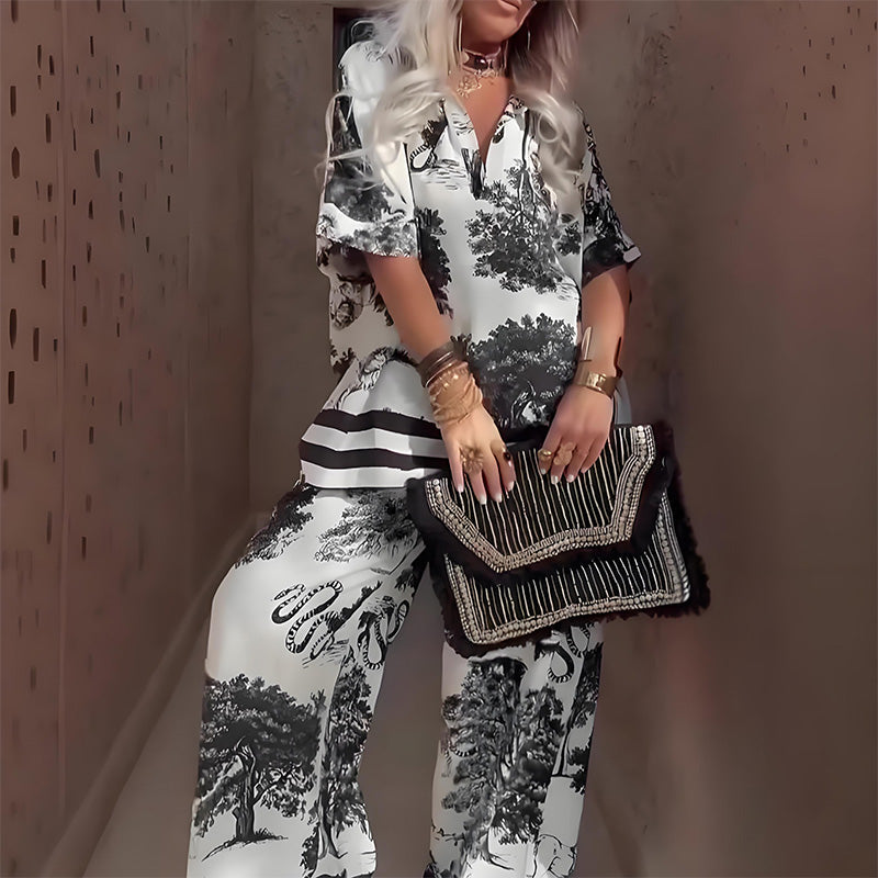 🎁2026 New Arrivals 50% OFF💥Women's Casual Printed V-Neck Top and Long Pants Set