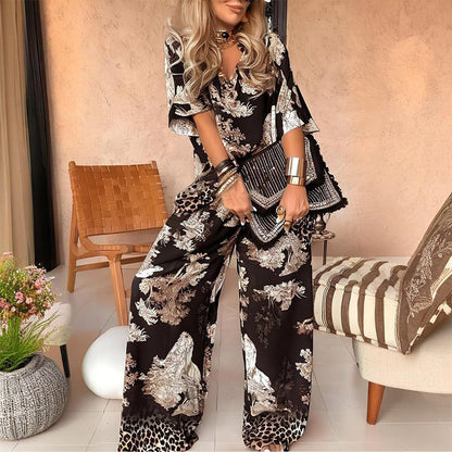 🎁2026 New Arrivals 50% OFF💥Women's Casual Printed V-Neck Top and Long Pants Set