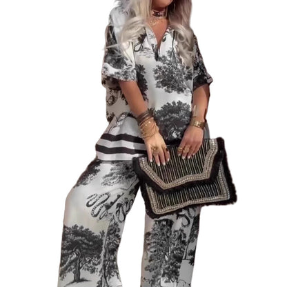 🎁2026 New Arrivals 50% OFF💥Women's Casual Printed V-Neck Top and Long Pants Set