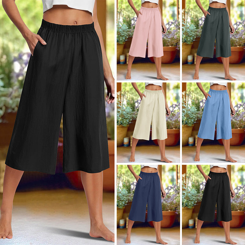 Casual Solid Color Wide-Leg 3/4-Length Pants with Subtle Texture