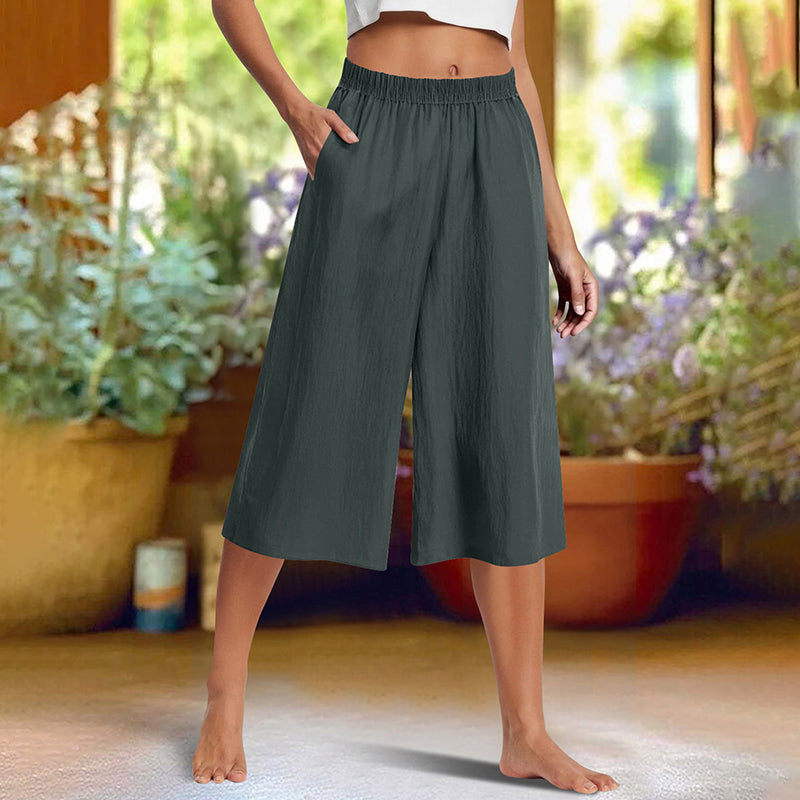 Casual Solid Color Wide-Leg 3/4-Length Pants with Subtle Texture