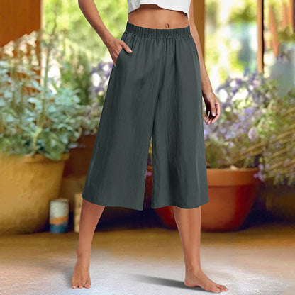 Casual Solid Color Wide-Leg 3/4-Length Pants with Subtle Texture