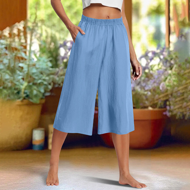 Casual Solid Color Wide-Leg 3/4-Length Pants with Subtle Texture
