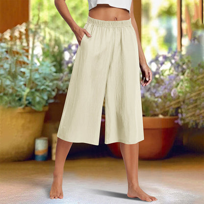 Casual Solid Color Wide-Leg 3/4-Length Pants with Subtle Texture