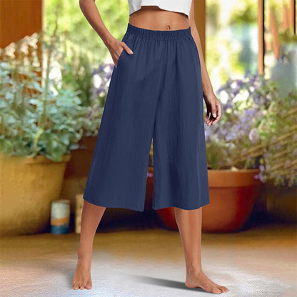 Casual Solid Color Wide-Leg 3/4-Length Pants with Subtle Texture
