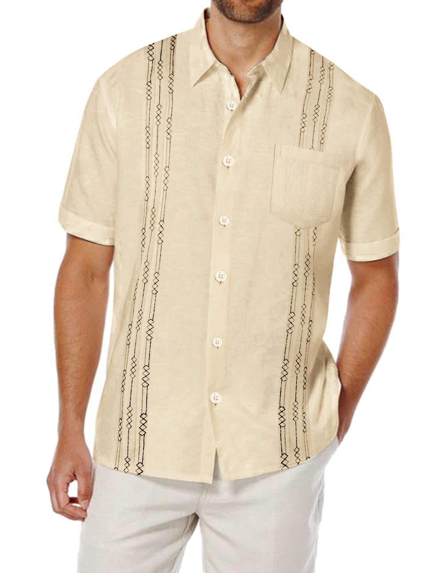 Men's short-sleeved linen shirt, Cuban-style, for the beach, with a pocket