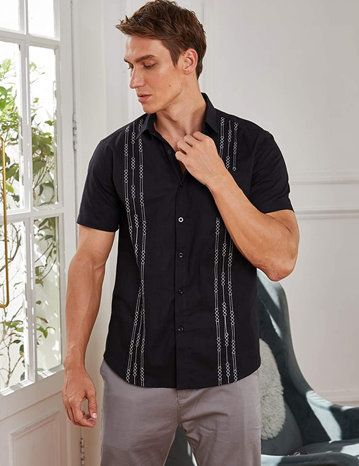 Men's short-sleeved linen shirt, Cuban-style, for the beach, with a pocket