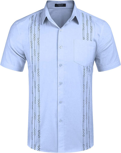 Men's short-sleeved linen shirt, Cuban-style, for the beach, with a pocket
