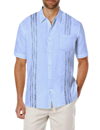 Men's short-sleeved linen shirt, Cuban-style, for the beach, with a pocket