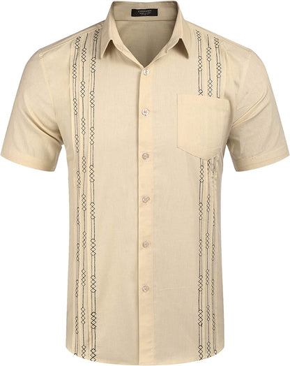 Men's short-sleeved linen shirt, Cuban-style, for the beach, with a pocket
