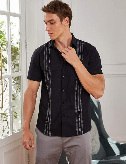 Men's short-sleeved linen shirt, Cuban-style, for the beach, with a pocket