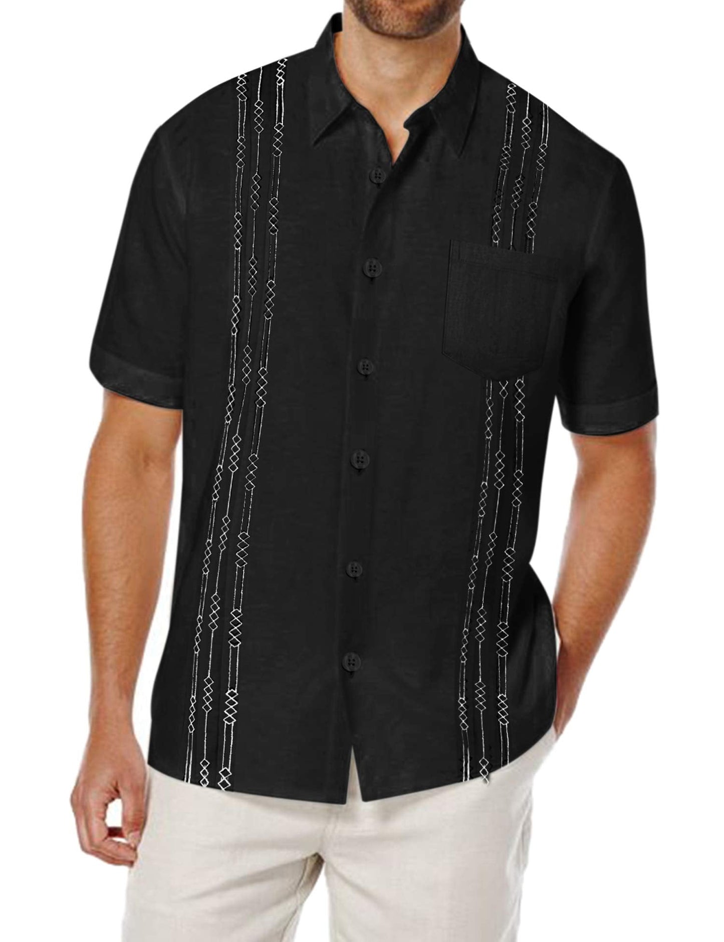 Men's short-sleeved linen shirt, Cuban-style, for the beach, with a pocket