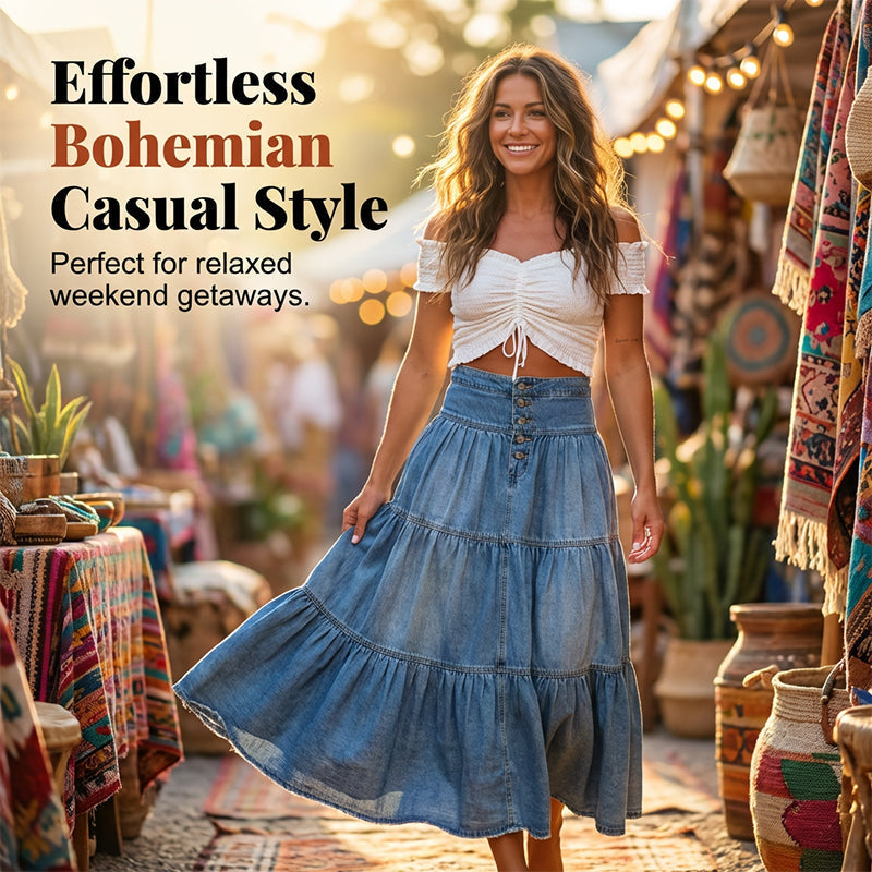 👗 Denim Maxi Skirt – High Waist, Tiered, A-Line, Button Front ✨