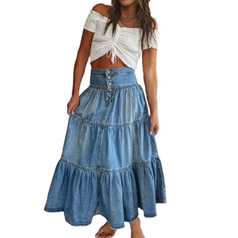 👗 Denim Maxi Skirt – High Waist, Tiered, A-Line, Button Front ✨