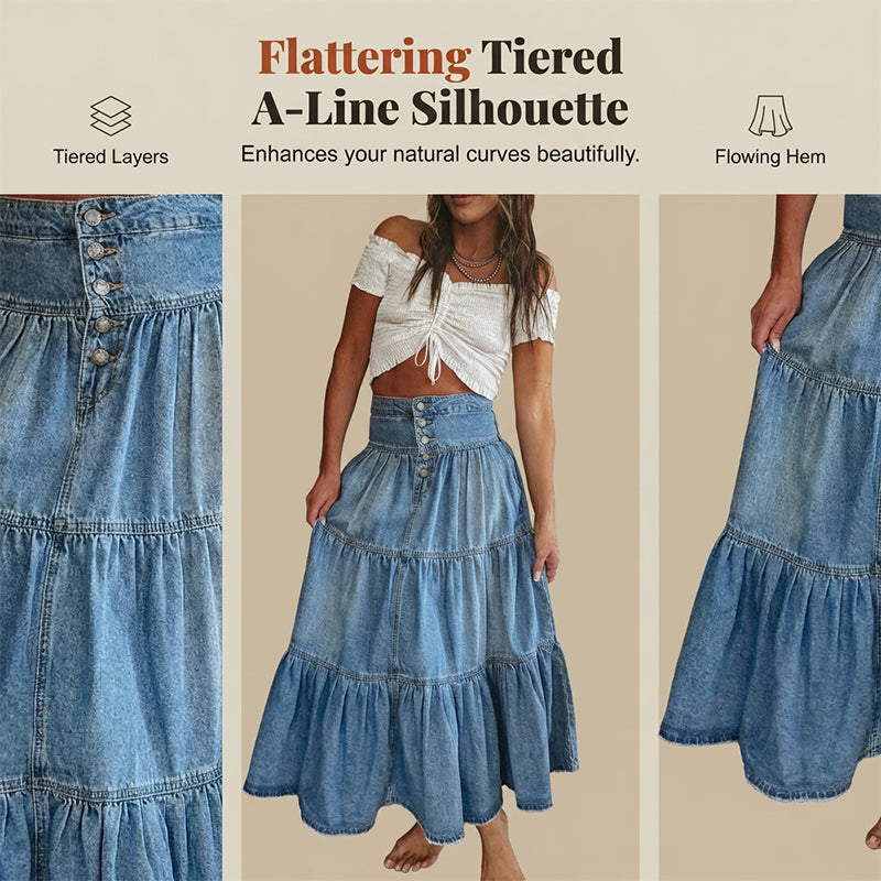 👗 Denim Maxi Skirt – High Waist, Tiered, A-Line, Button Front ✨