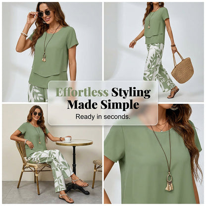 Women's Two-Piece Leaf Print Wide-Leg Pants Set