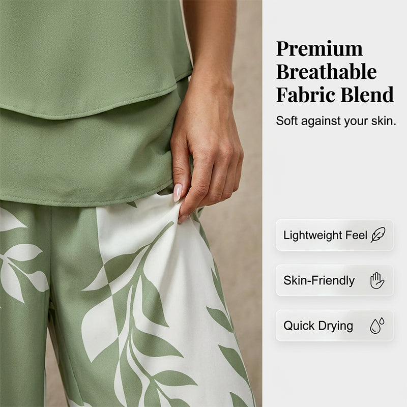 Women's Two-Piece Leaf Print Wide-Leg Pants Set