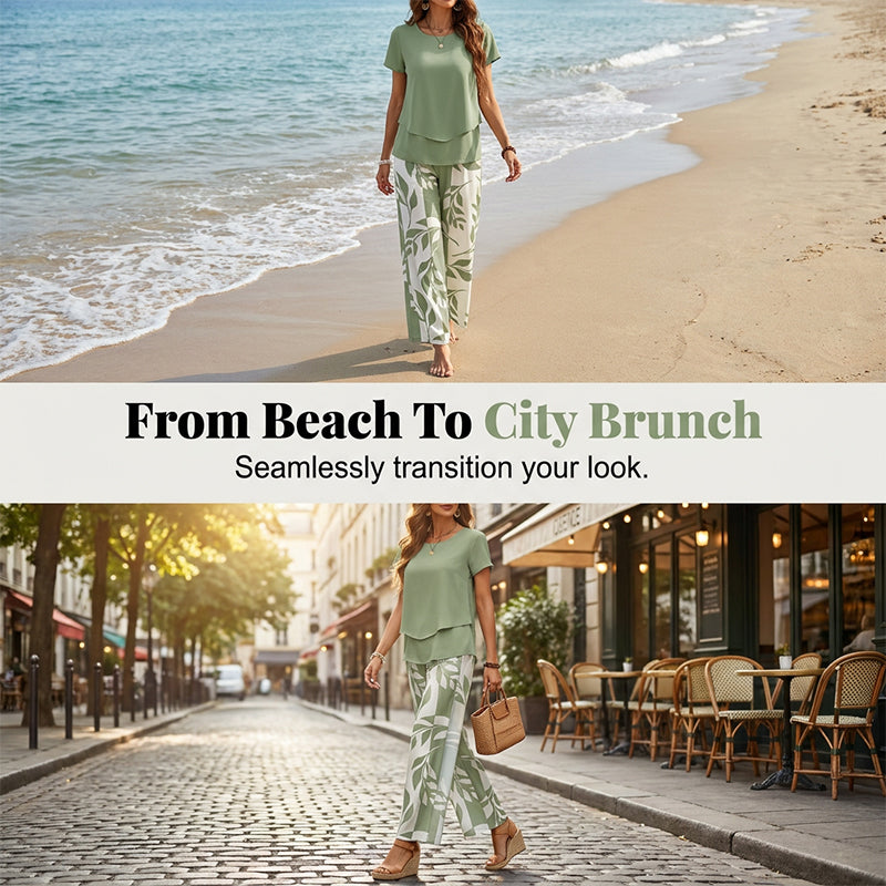 Women's Two-Piece Leaf Print Wide-Leg Pants Set