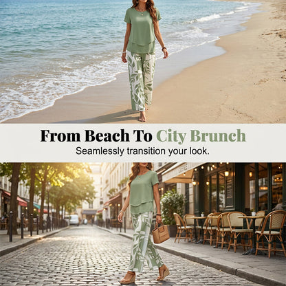 Women's Two-Piece Leaf Print Wide-Leg Pants Set